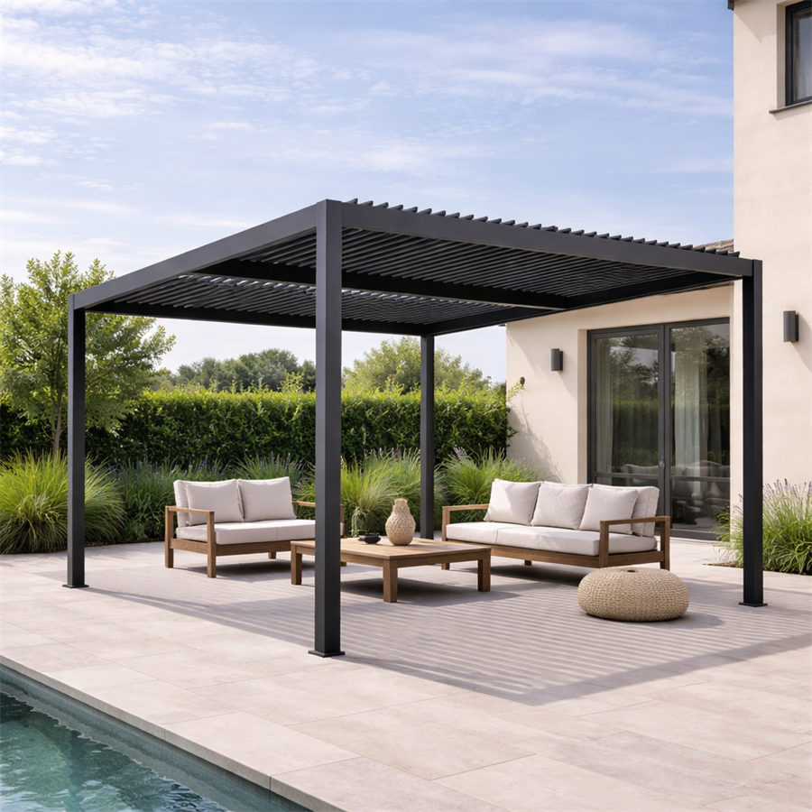Pergola 4x4 bioclimatica autoportante in alluminio antracite con LED solare - Eden