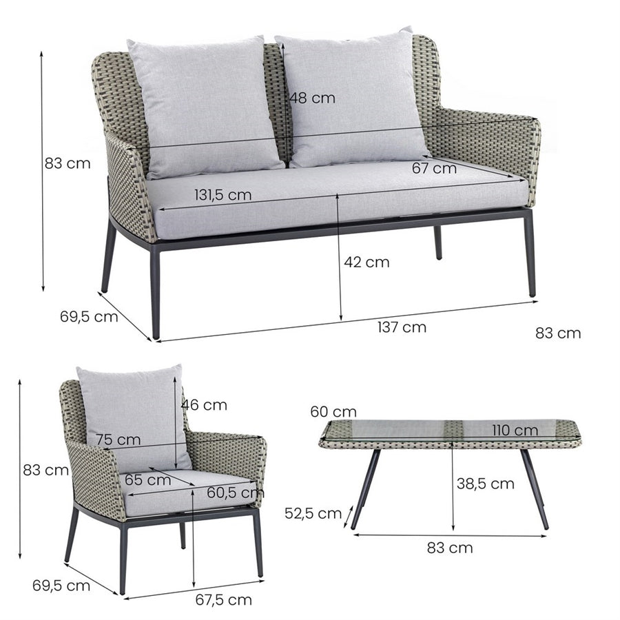 Set divano, poltrone e tavolino da giardino in alluminio e rattan pe Luxury