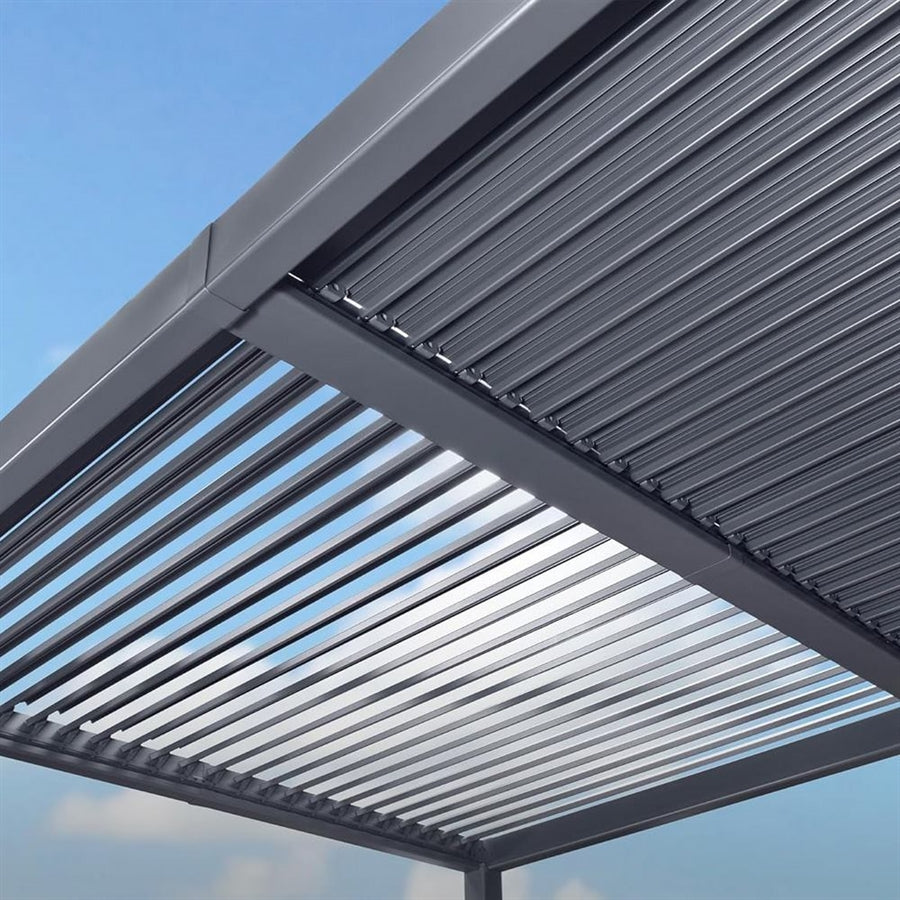 Pergola 4x4 bioclimatica autoportante in alluminio antracite con LED solare - Eden