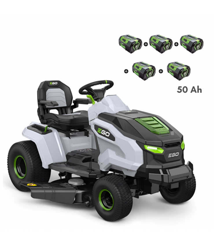 Trattore elettrico a batteria EGO TR4201E con scarico laterale e funzione mulching, 5 batterie da 10 Ah e caricabatterie rapido.
