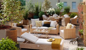 Salotto da giardino per 5 persone beige Medena NATERIAL con cuscini in poliestere bianco