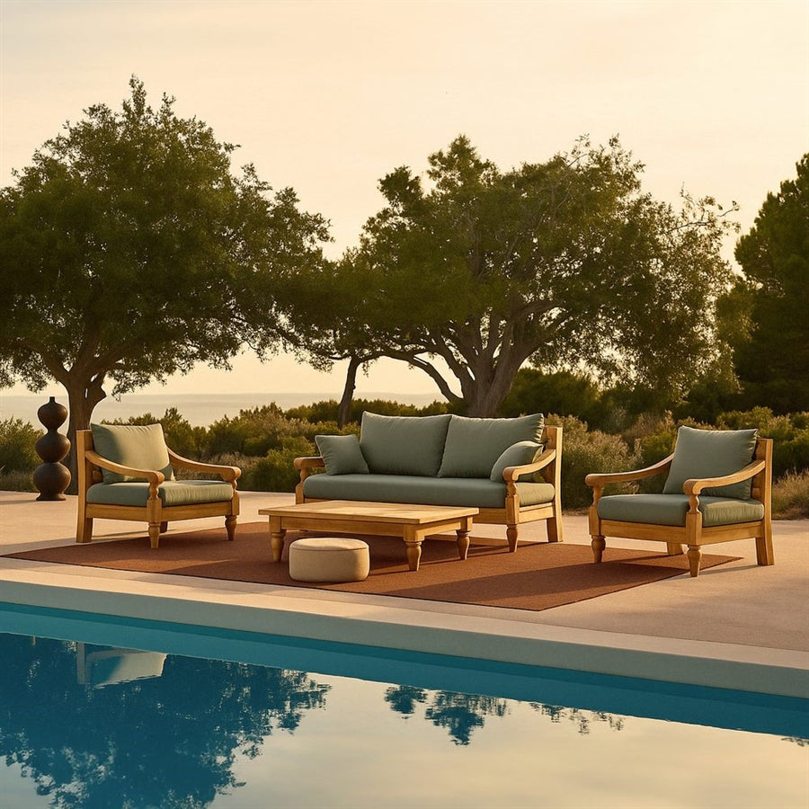 Salotto da giardino in teak naturale con cuscini grigi - Bagon