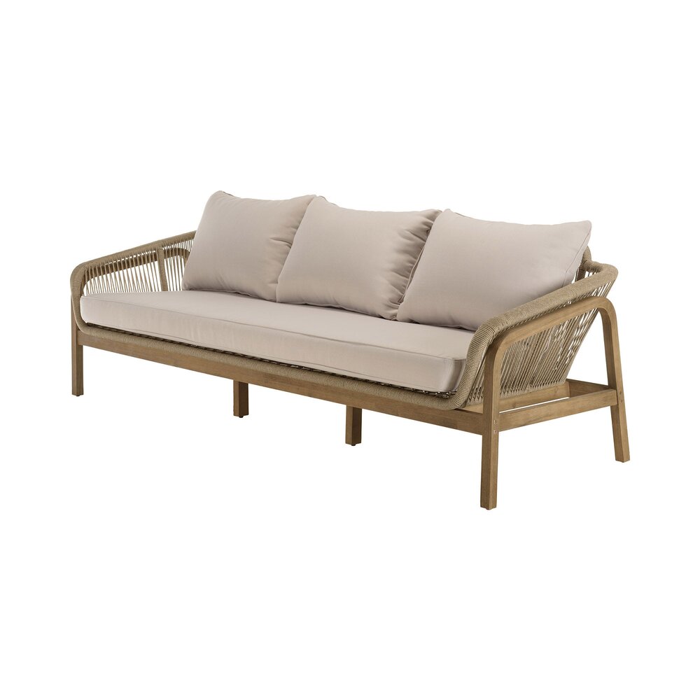 Set da giardino a 5 posti in legno di acacia e corda, nei colori naturale e beige - KRIDY