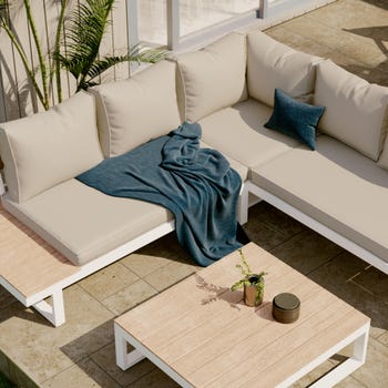 Salotto da giardino angolare per 5 persone bianco CLARA NATERIAL con cuscini in poliestere grigio