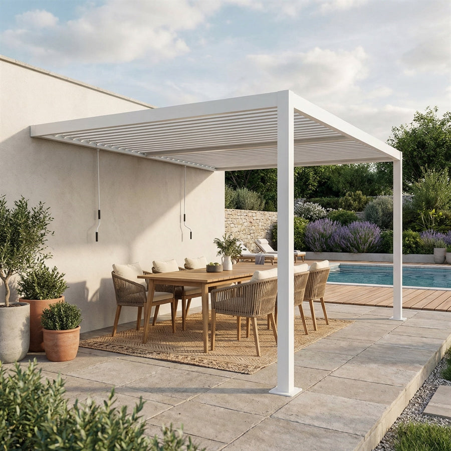 Pergola 3x3 bioclimatica da parete bianca con LED solare - Eden