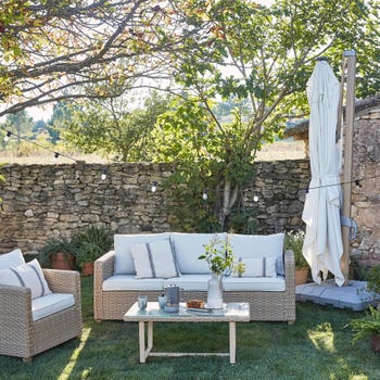 Salotto da giardino per 5 persone beige Medena NATERIAL con cuscini in poliestere bianco