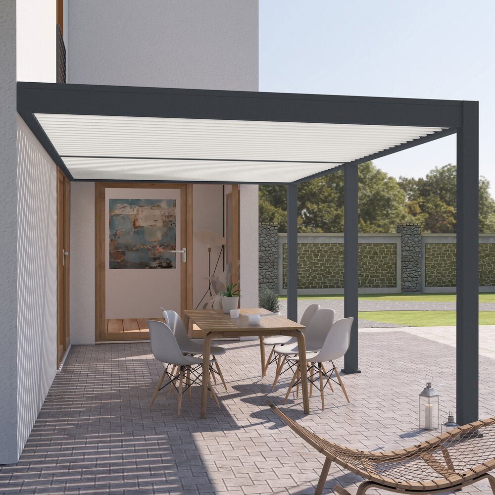 Pergola bioclimatica addossata 3x6 m nei colori antracite e beige - LENOX
