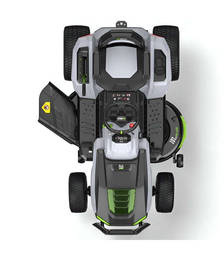 Trattore elettrico a batteria EGO TR4201E con scarico laterale e funzione mulching, 5 batterie da 10 Ah e caricabatterie rapido.