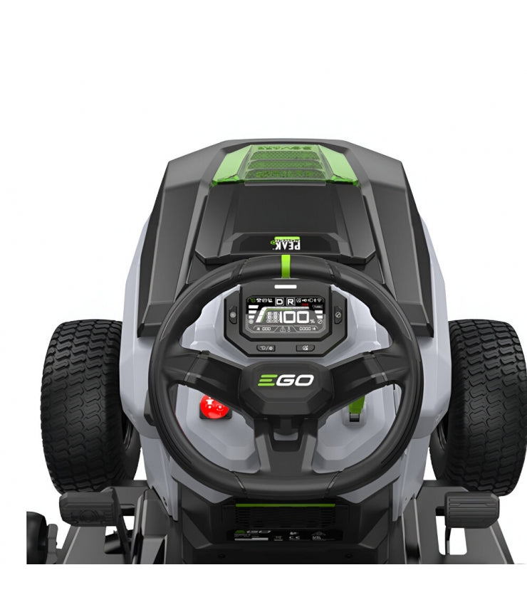 Rasaerba a trattorino EGO TR3801E-B: larghezza di taglio 98 cm, sacco di raccolta erba da 300 litri e kit mulching, 6 batterie da 12 Ah e caricabatterie rapido.