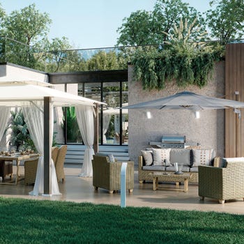 Salotto da giardino per 5 persone beige Medena NATERIAL con cuscini in poliestere bianco