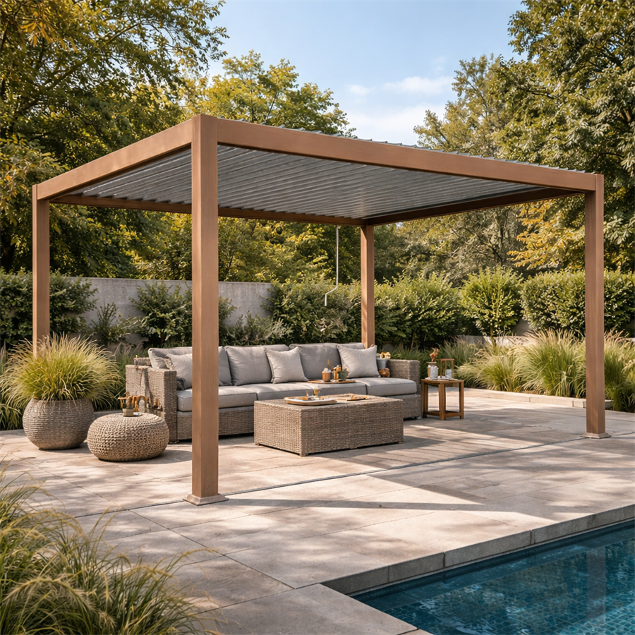 Pergola bioclimatica da esterno 3x3 m in alluminio effetto legno - Alma