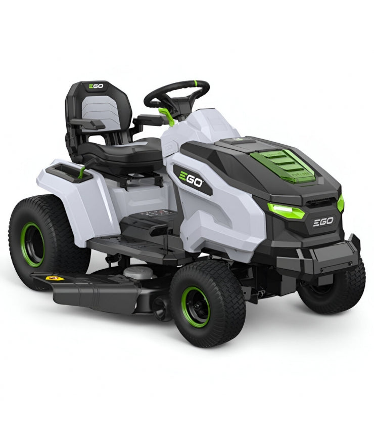 Trattore elettrico a batteria EGO TR4201E con scarico laterale e funzione mulching, 5 batterie da 10 Ah e caricabatterie rapido.