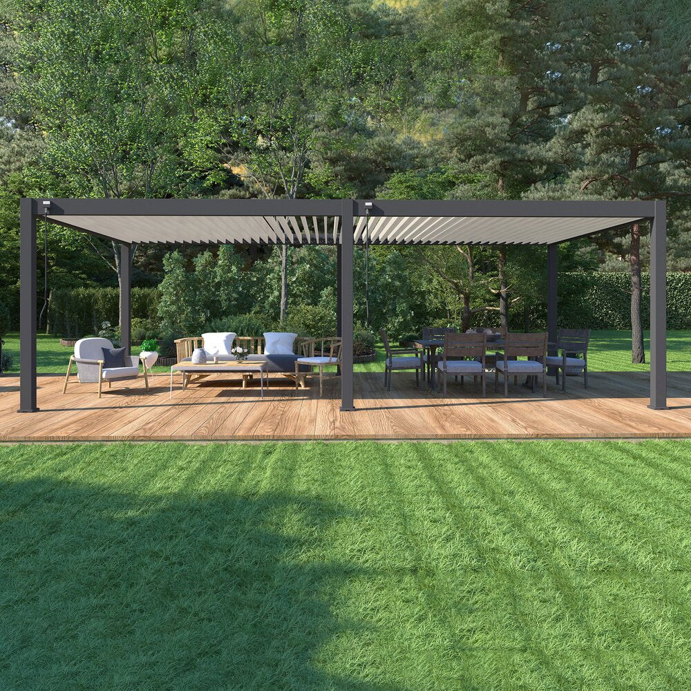 Pergola bioclimatica autoportante 4x8 m in alluminio antracite e bianco