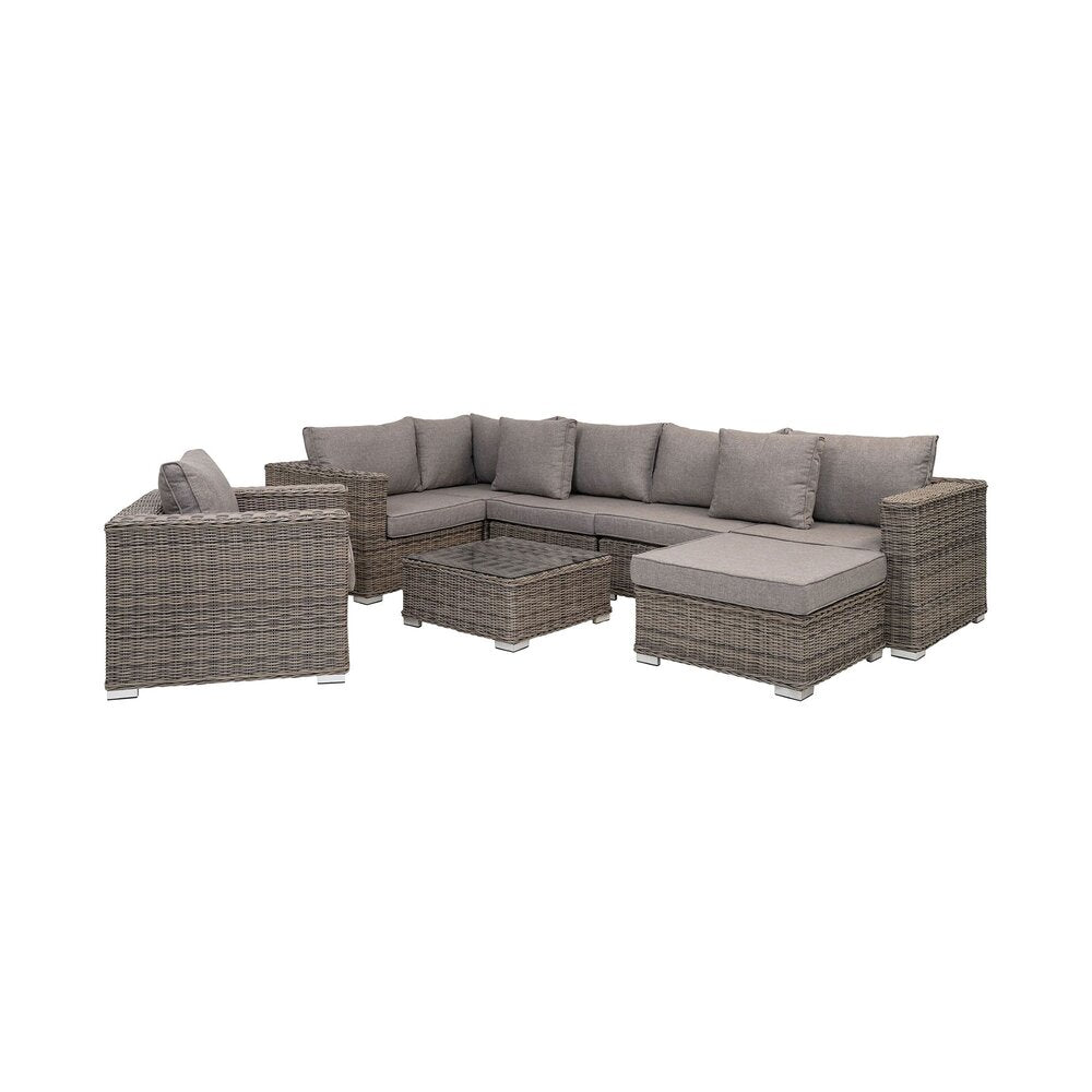 Set da giardino a 5 posti con poltrona e tavolino in finto rattan grigio