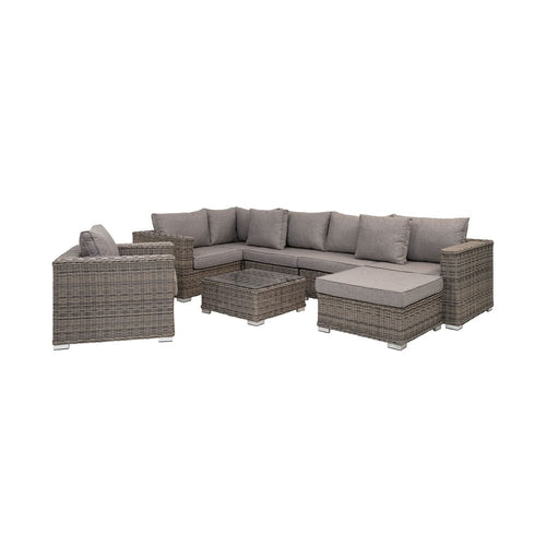 Set da giardino a 5 posti con poltrona e tavolino in finto rattan grigio
