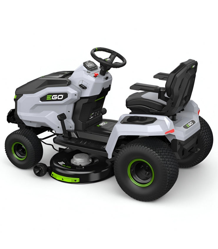 Trattore elettrico a batteria EGO TR4201E con scarico laterale e funzione mulching, 5 batterie da 10 Ah e caricabatterie rapido.