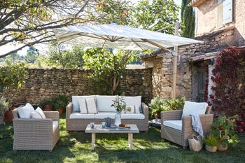 Salotto da giardino per 5 persone beige Medena NATERIAL con cuscini in poliestere bianco