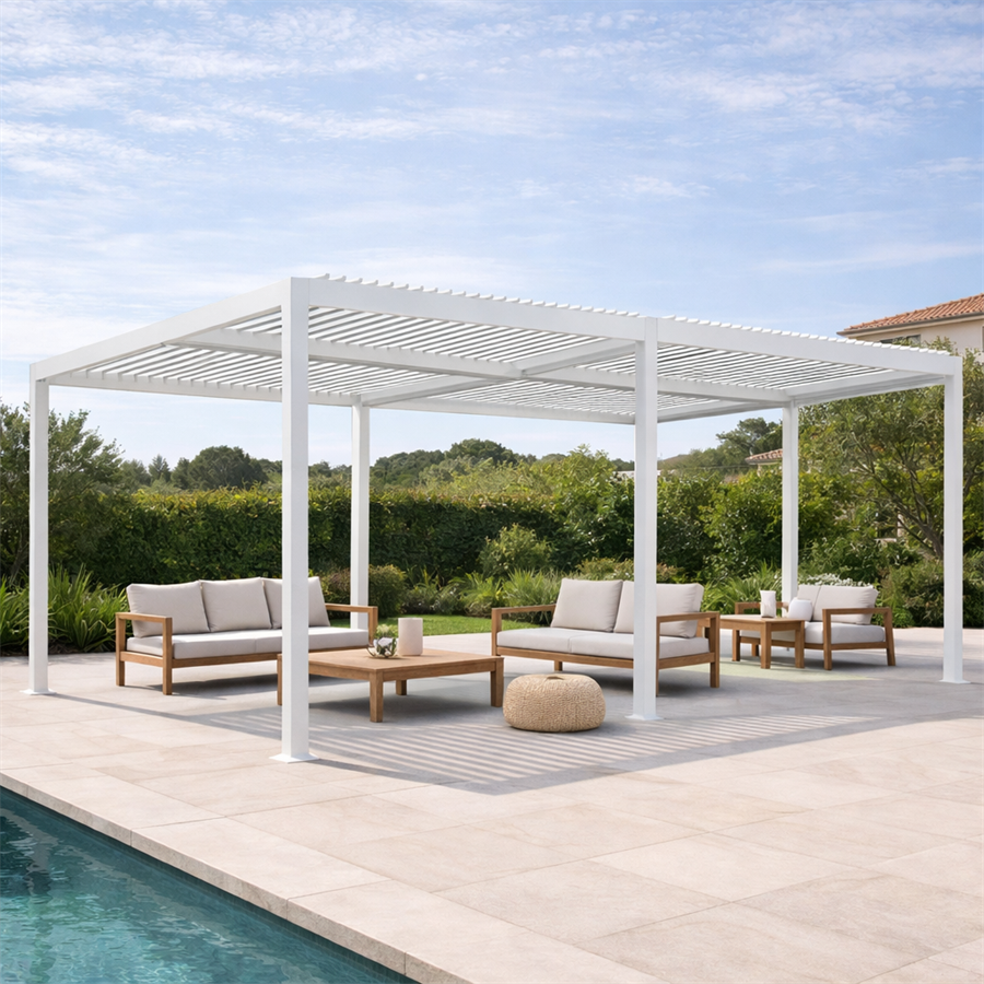 Pergola 3x6 bioclimatica autoportante in alluminio bianca con LED solare - Eden