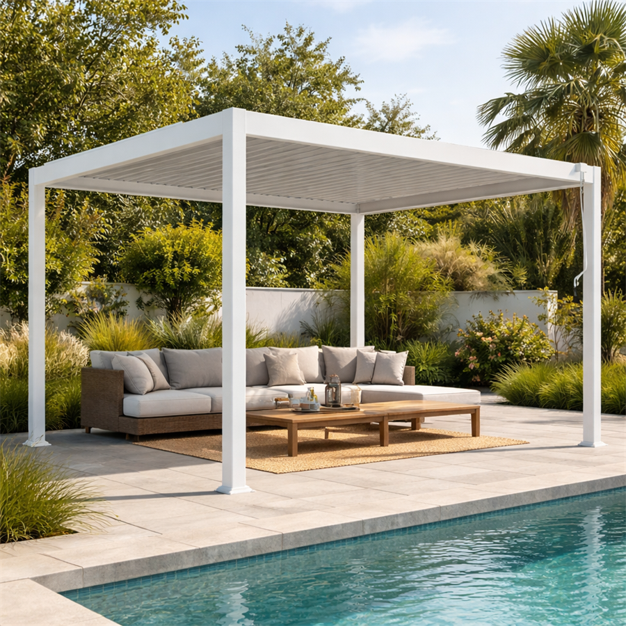 Pergola bioclimatica da esterno 3x3 m in alluminio bianco e tetto regolabile - Alma