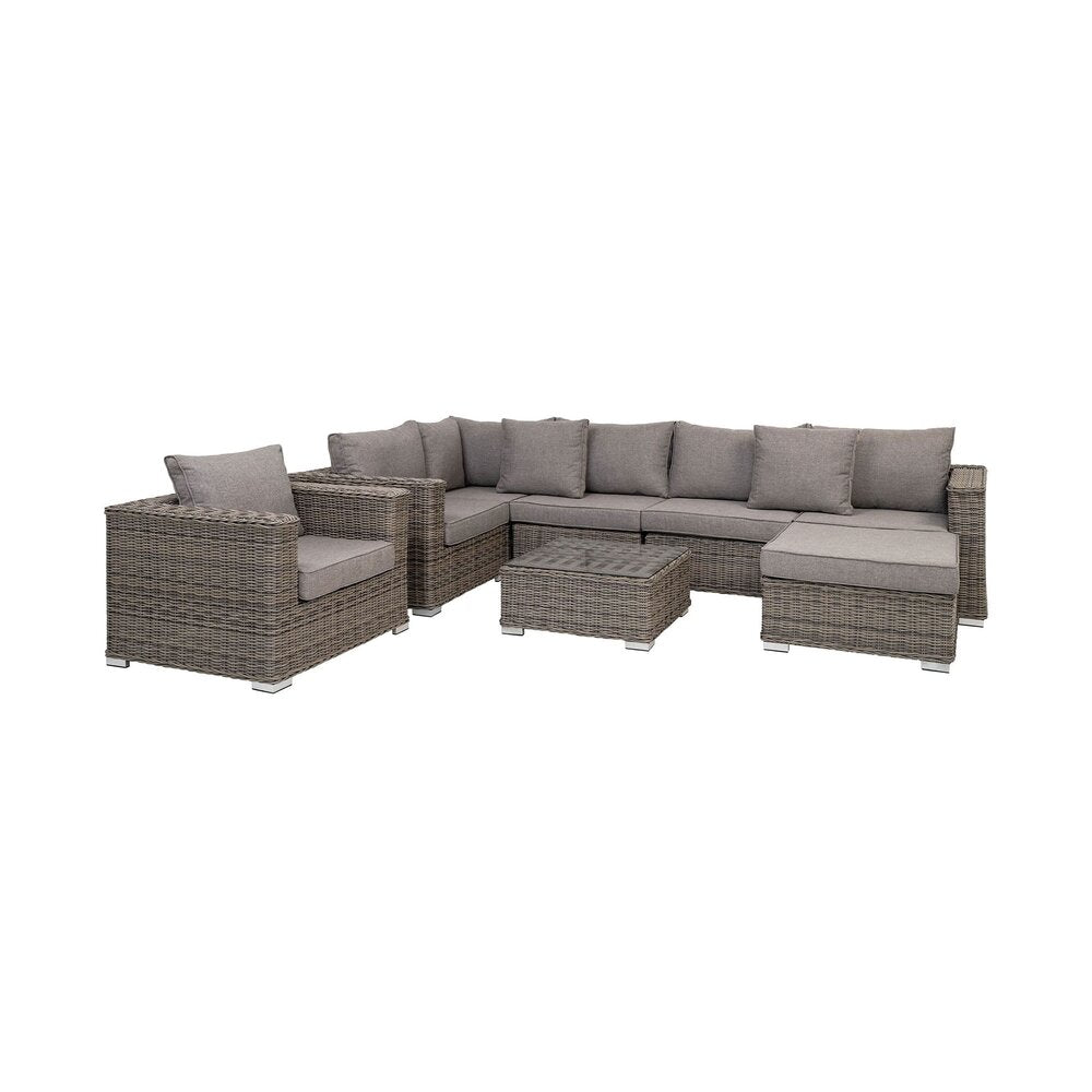 Set da giardino a 5 posti con poltrona e tavolino in finto rattan grigio