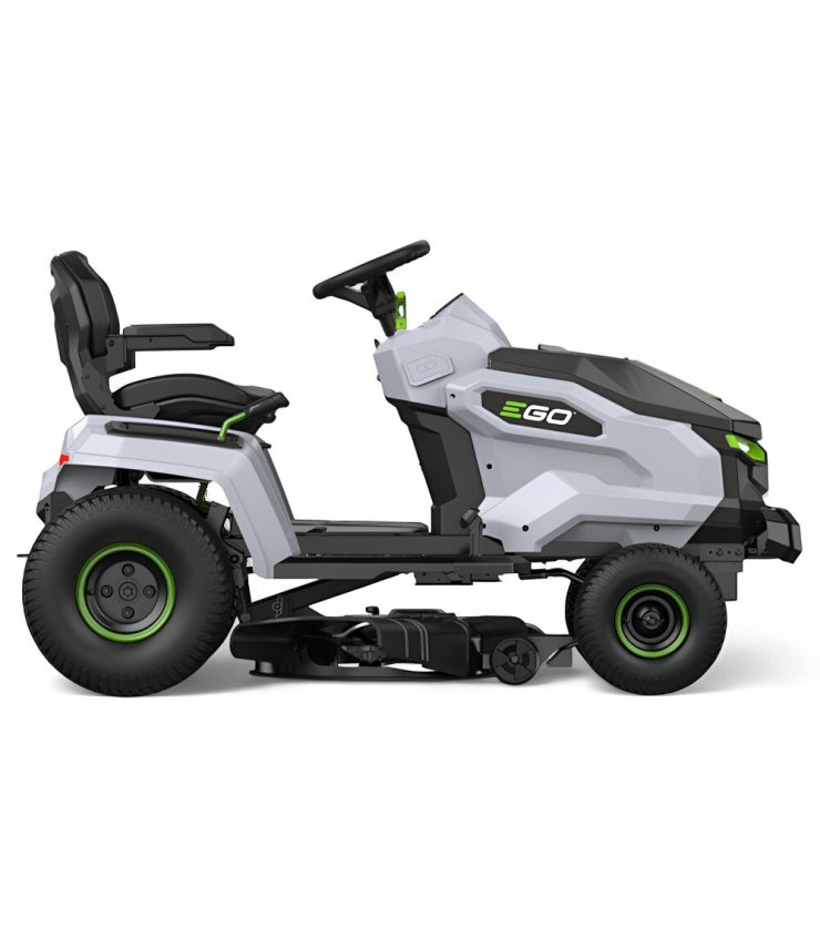 Trattore elettrico a batteria EGO TR4201E con scarico laterale e funzione mulching, 5 batterie da 10 Ah e caricabatterie rapido.