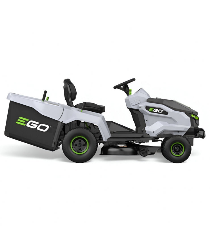 Rasaerba a trattorino EGO TR3801E-B: larghezza di taglio 98 cm, sacco di raccolta erba da 300 litri e kit mulching, 6 batterie da 12 Ah e caricabatterie rapido.
