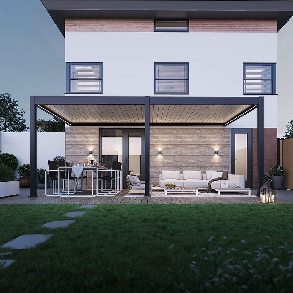 Pergola bioclimatica addossata 3x6 m nei colori antracite e beige - LENOX