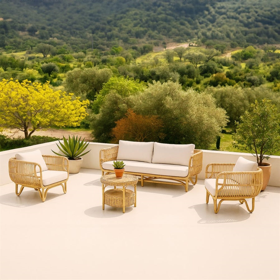 Salotto da giardino in rattan naturale con cuscini ecrù - Miles