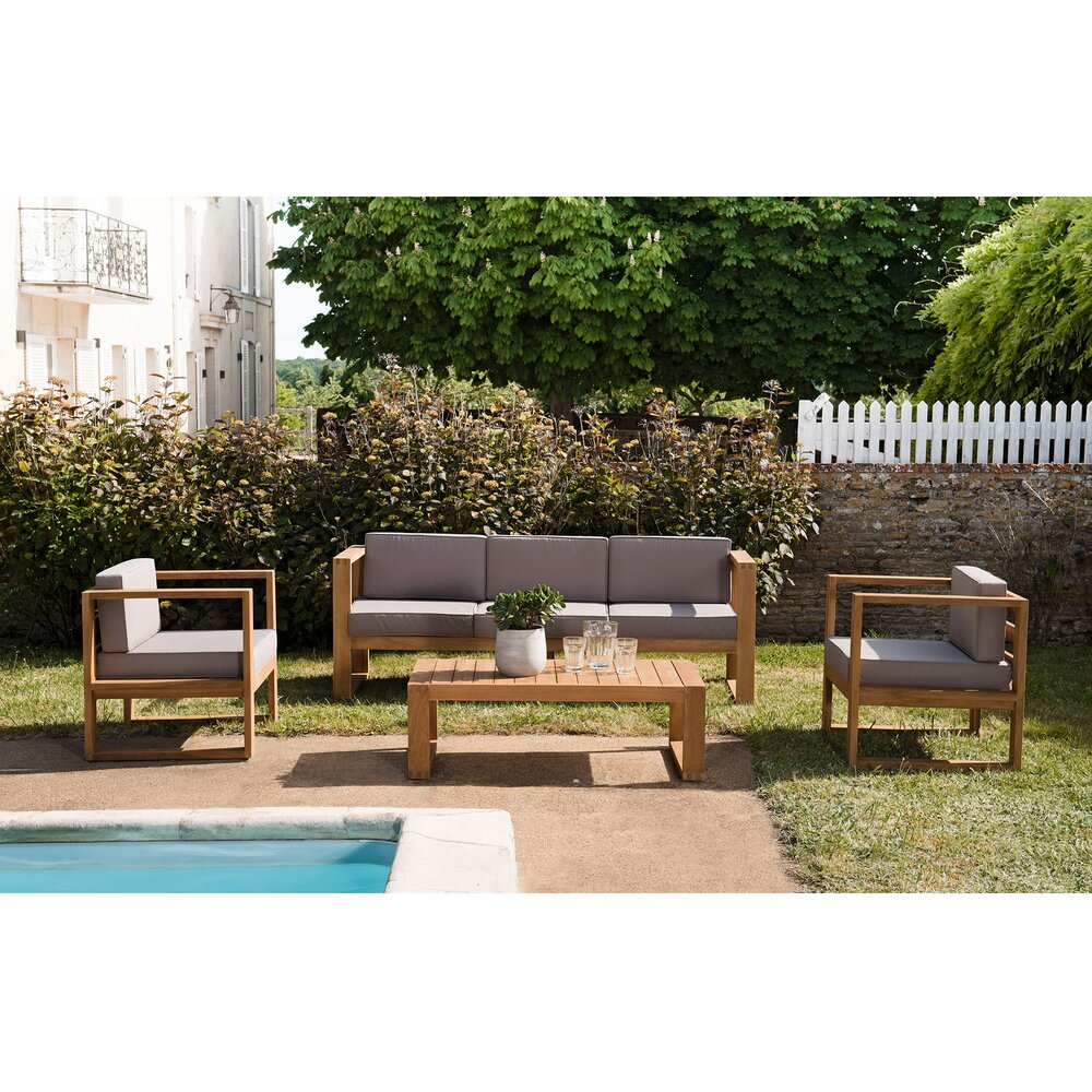 Set da giardino in teak a 5 posti con cuscini grigi - LOUNGY