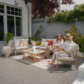 Salotto da giardino Gaia NATERIAL in alluminio effetto legno con piano tavolo in ceramica per 4 persone