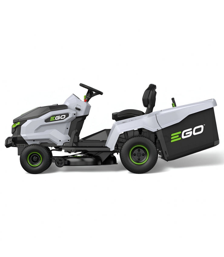 Rasaerba a trattorino EGO TR3801E-B: larghezza di taglio 98 cm, sacco di raccolta erba da 300 litri e kit mulching, 6 batterie da 12 Ah e caricabatterie rapido.