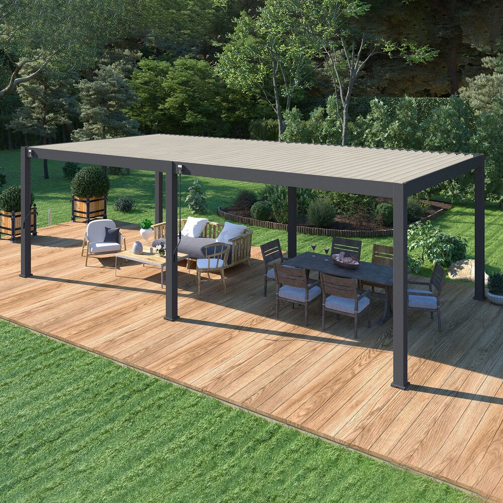 Pergola bioclimatica autoportante 4x8 m in alluminio antracite e bianco