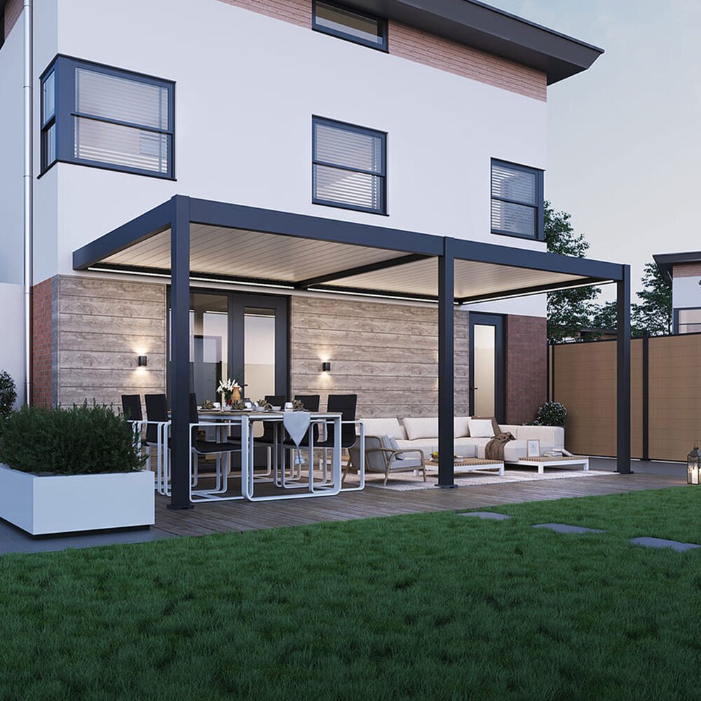 Pergola bioclimatica addossata 3x6 m nei colori antracite e beige - LENOX