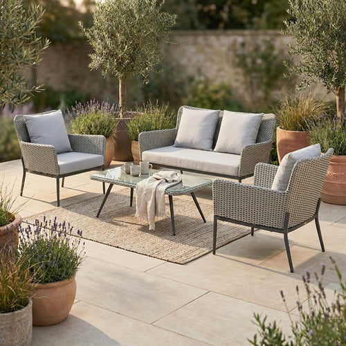 Set divano, poltrone e tavolino da giardino in alluminio e rattan pe Luxury