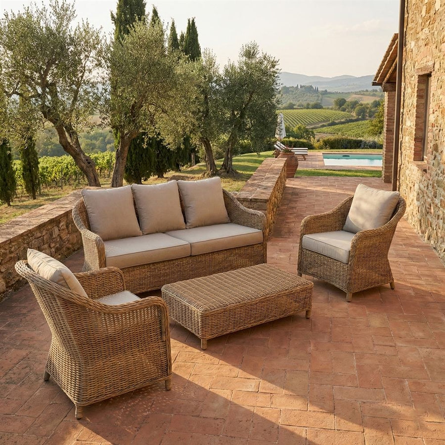 Set divano poltrone e tavolo da giardino in rattan Kalef