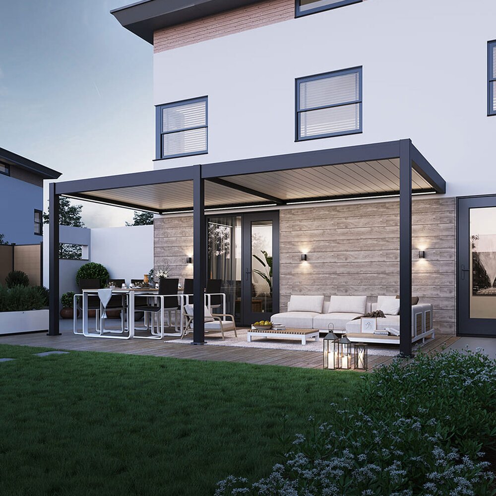 Pergola bioclimatica addossata 3x6 m nei colori antracite e beige - LENOX