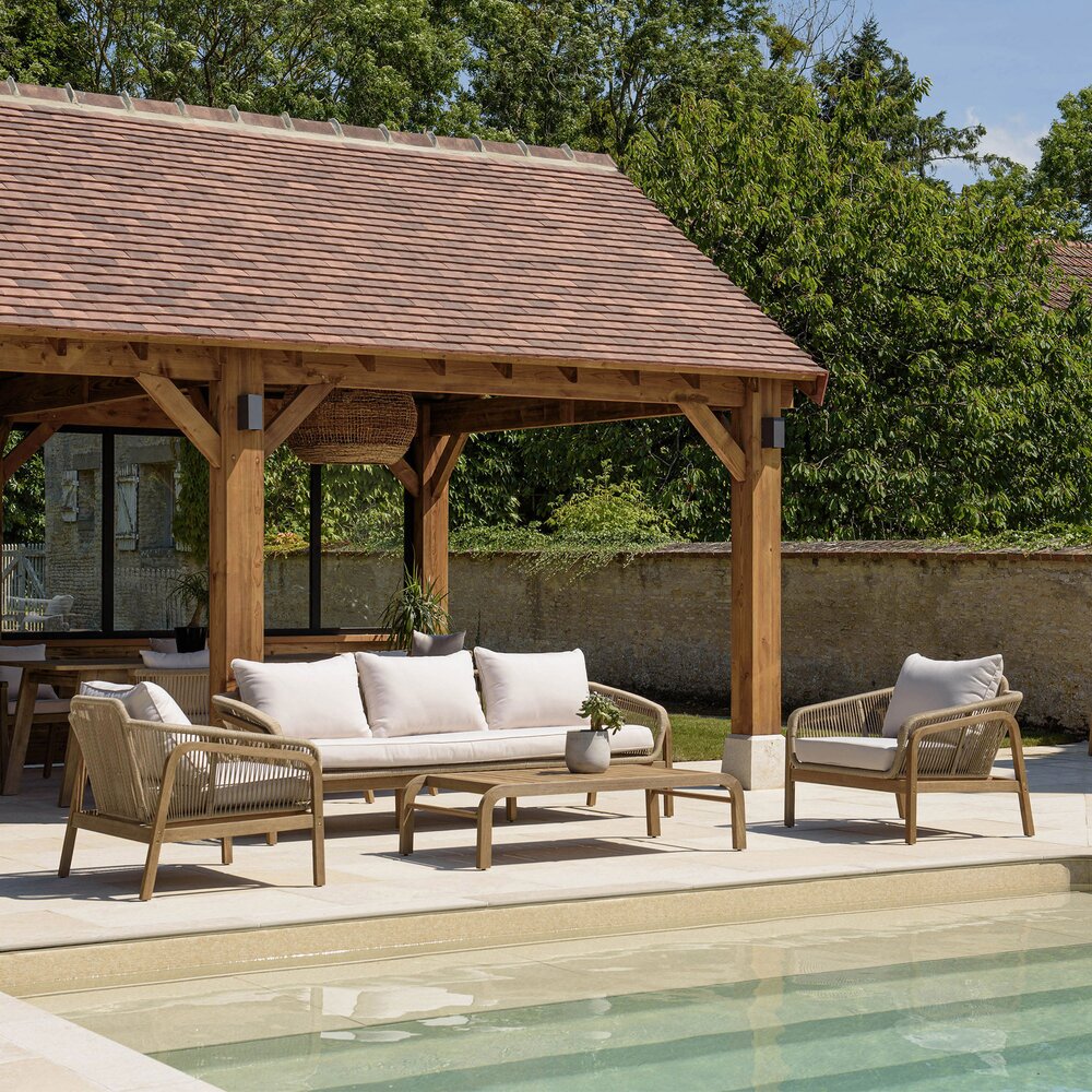 Set da giardino a 5 posti in legno di acacia e corda, nei colori naturale e beige - KRIDY