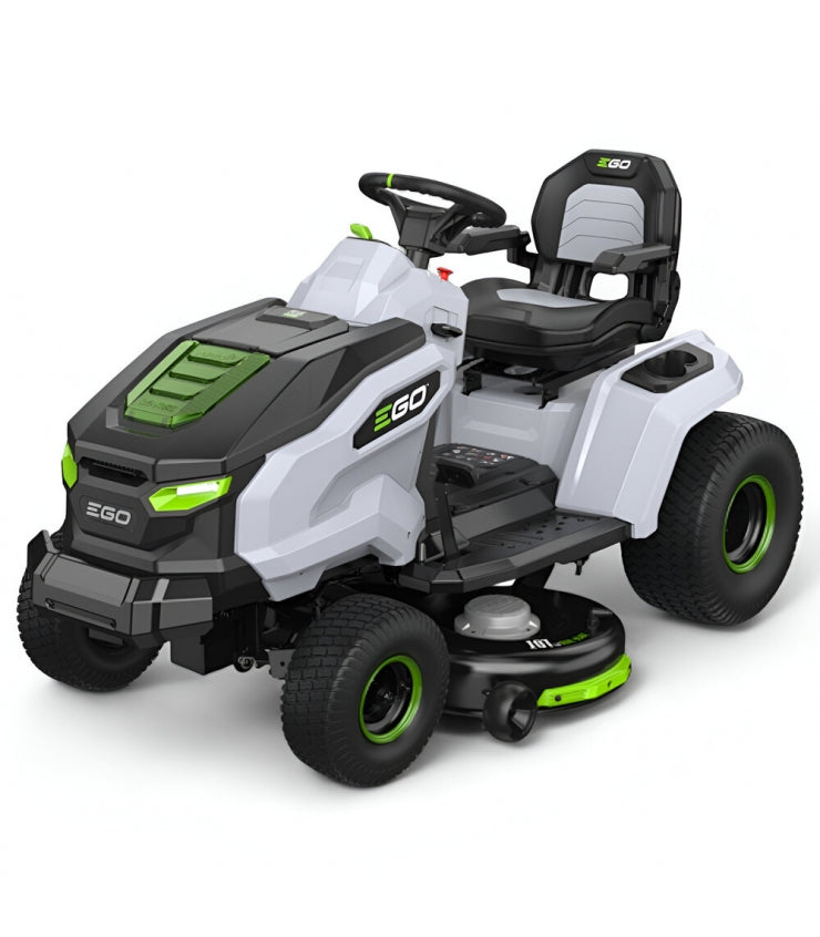 Trattore elettrico a batteria EGO TR4201E con scarico laterale e funzione mulching, 5 batterie da 10 Ah e caricabatterie rapido.