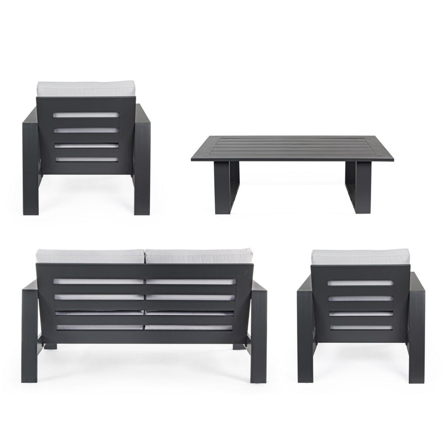 Salotto da giardino Bars con poltrone, divanetto e tavolino da esterno in alluminio grigio