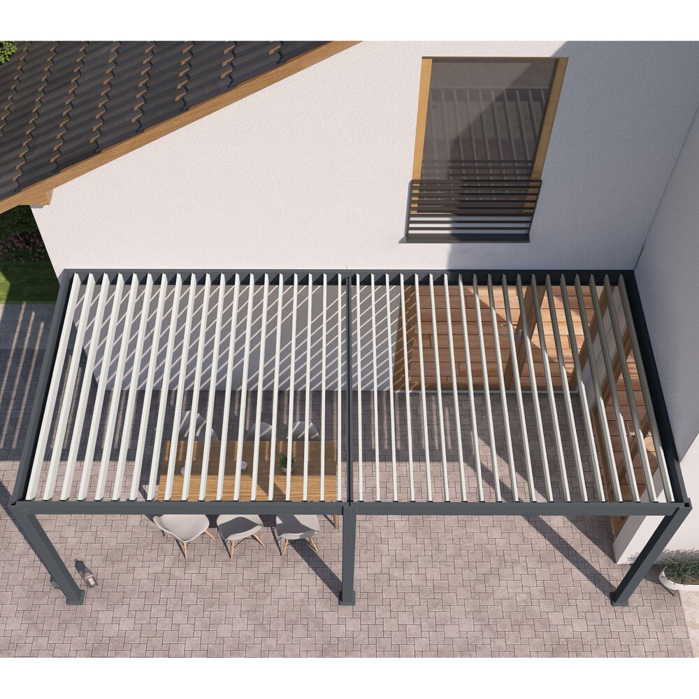 Pergola bioclimatica addossata 3x6 m nei colori antracite e beige - LENOX