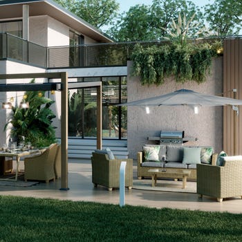 Salotto da giardino per 5 persone beige Medena NATERIAL con cuscini in poliestere bianco