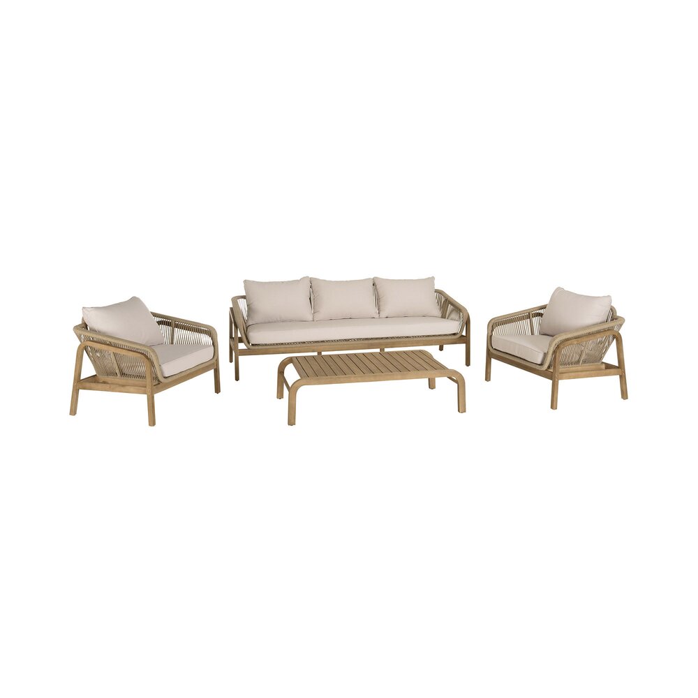 Set da giardino a 5 posti in legno di acacia e corda, nei colori naturale e beige - KRIDY