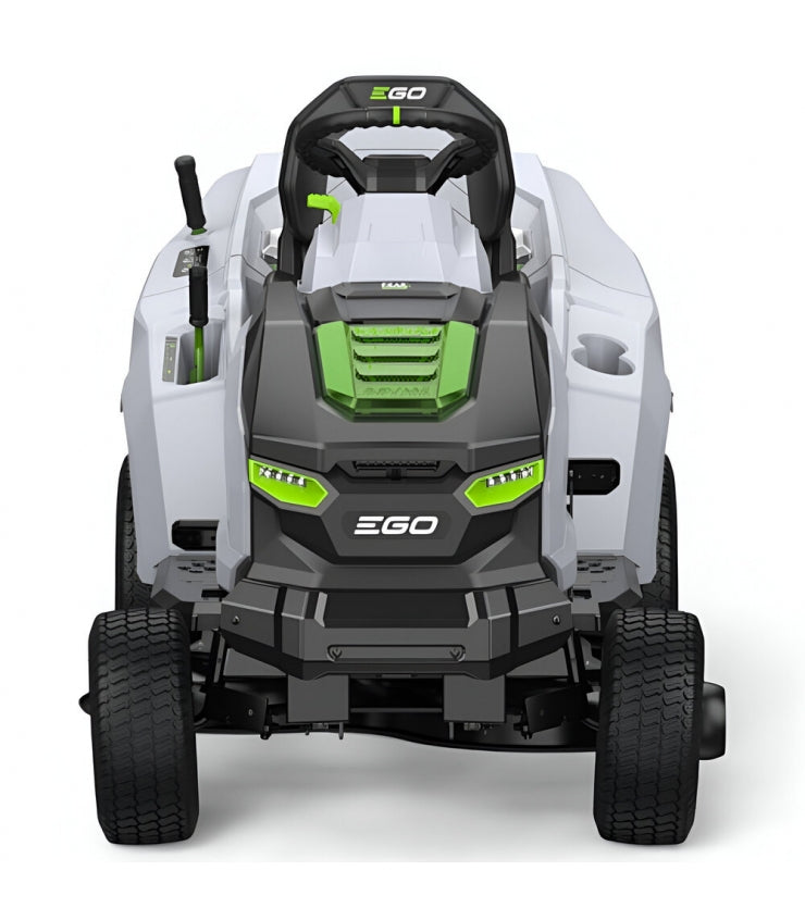 Rasaerba a trattorino EGO TR3801E-B: larghezza di taglio 98 cm, sacco di raccolta erba da 300 litri e kit mulching, 6 batterie da 12 Ah e caricabatterie rapido.