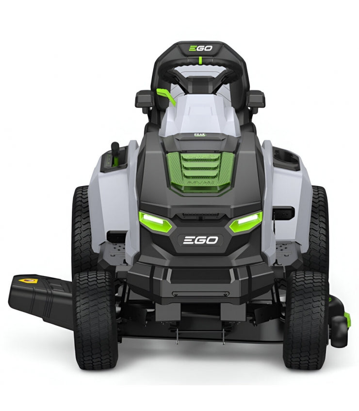 Trattore elettrico a batteria EGO TR4201E con scarico laterale e funzione mulching, 5 batterie da 10 Ah e caricabatterie rapido.