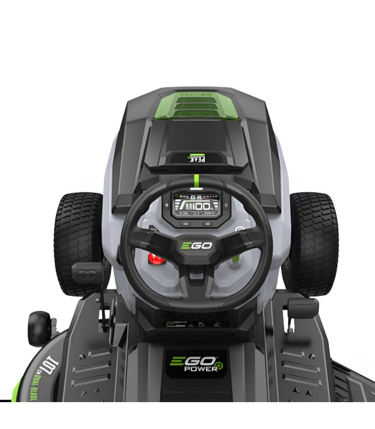 Trattore elettrico a batteria EGO TR4201E con scarico laterale e funzione mulching, 5 batterie da 10 Ah e caricabatterie rapido.