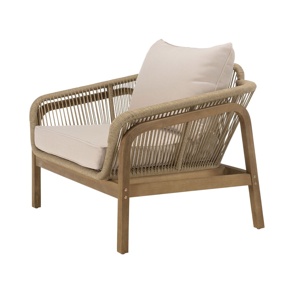 Set da giardino a 5 posti in legno di acacia e corda, nei colori naturale e beige - KRIDY