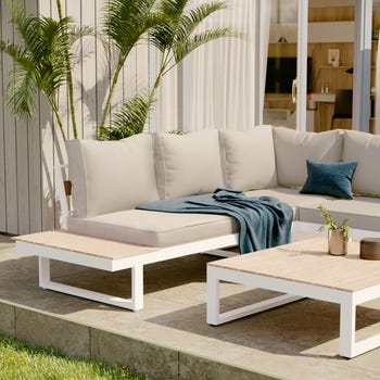 Salotto da giardino angolare per 5 persone bianco CLARA NATERIAL con cuscini in poliestere grigio