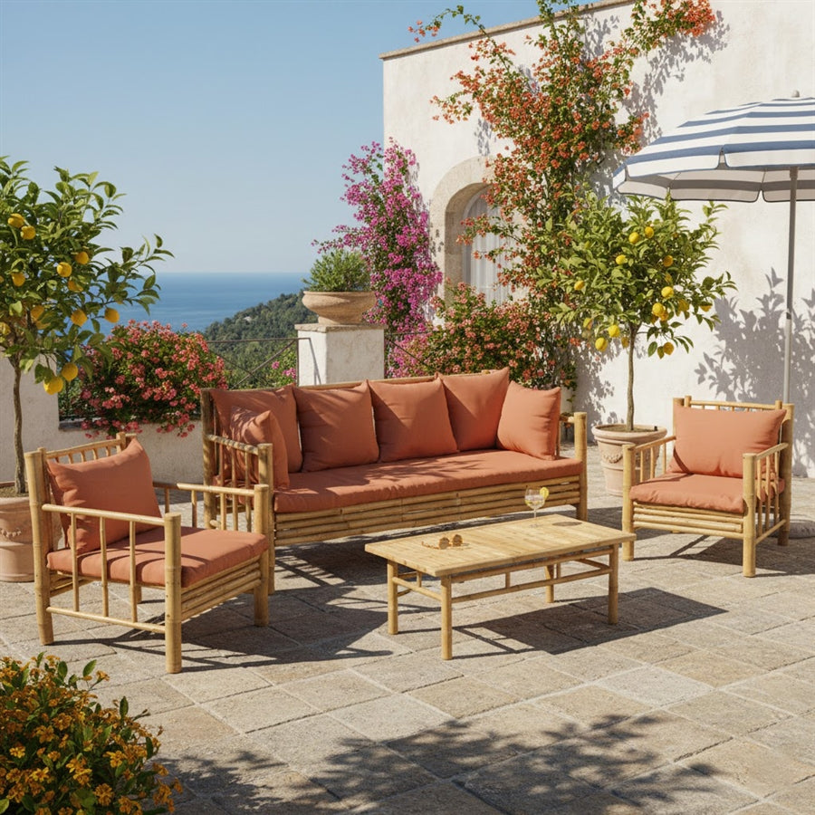Set da giardino in legno di bambù con cuscini terra inclusi - Yasmin