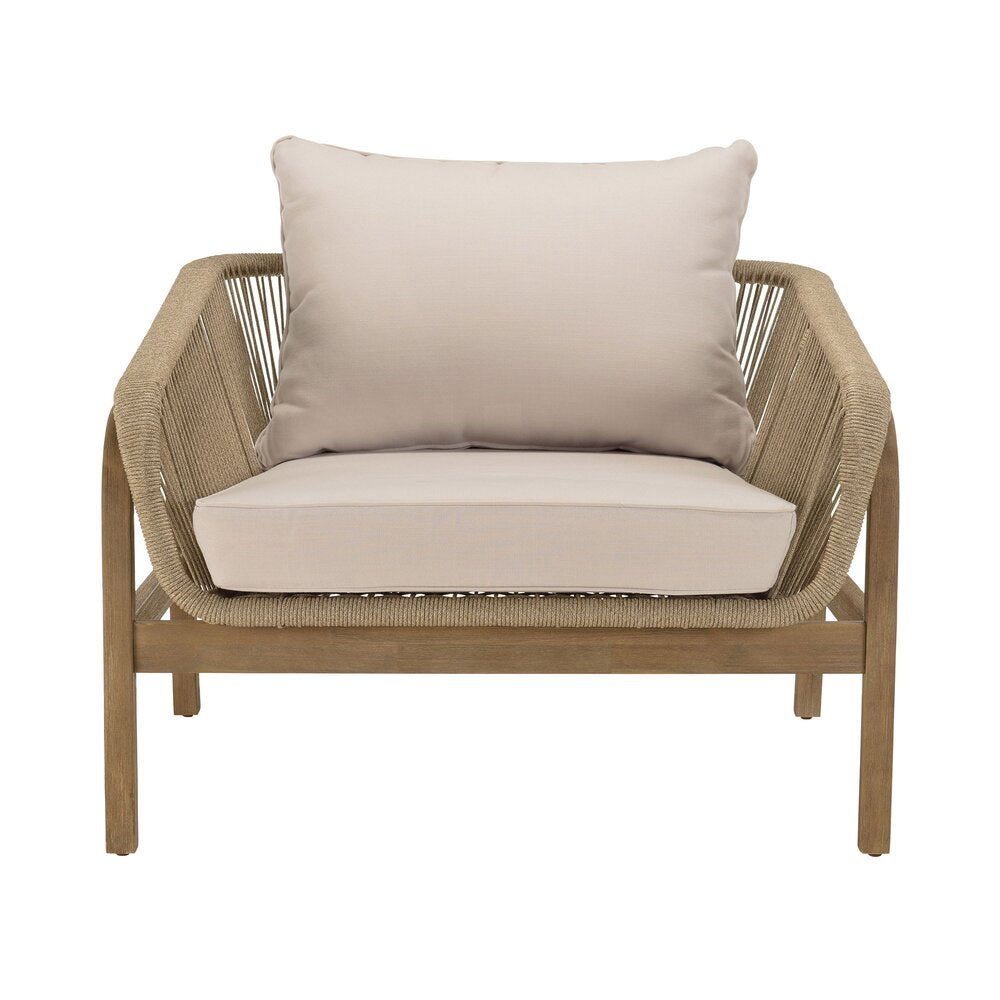 Set da giardino a 5 posti in legno di acacia e corda, nei colori naturale e beige - KRIDY