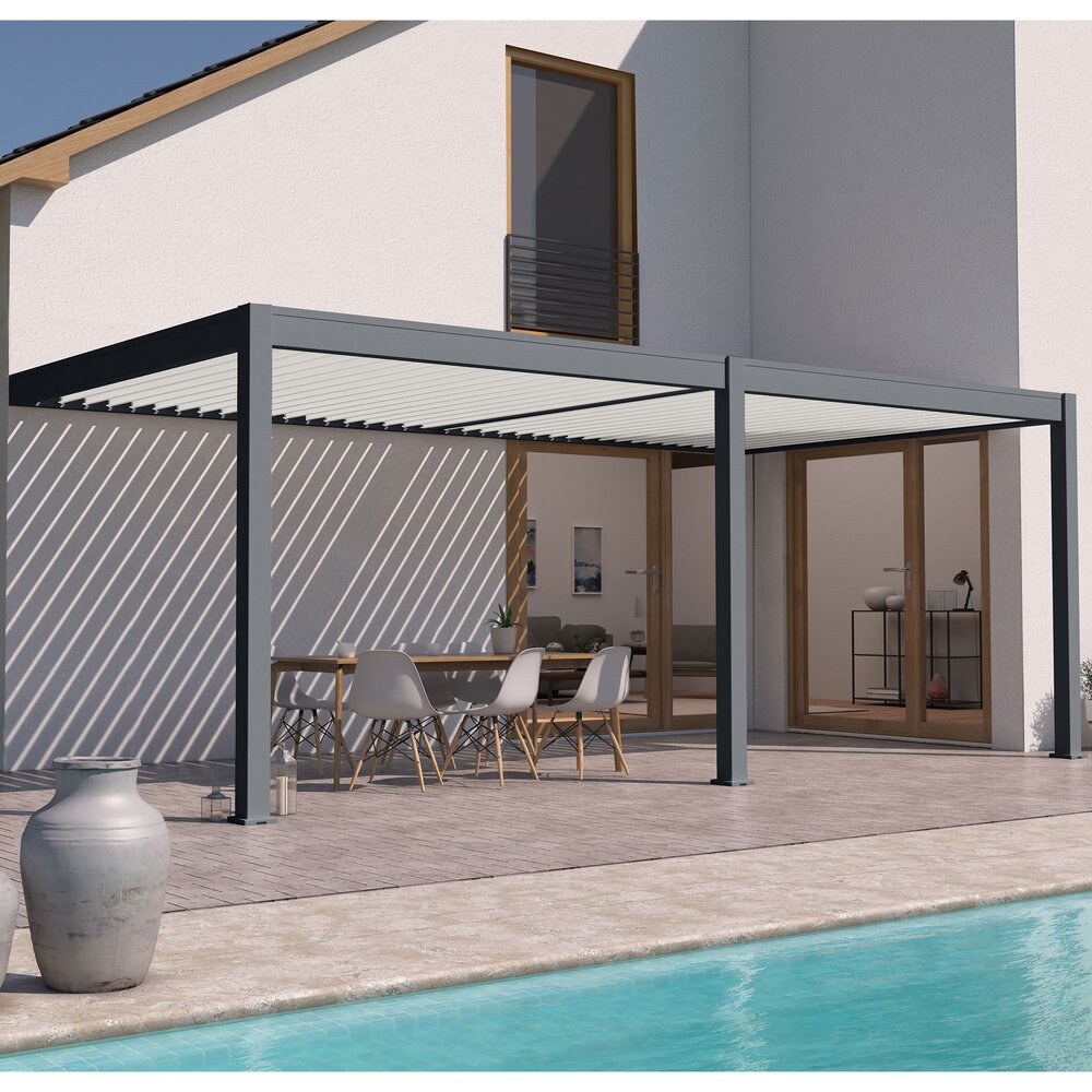 Pergola bioclimatica addossata 3x6 m nei colori antracite e beige - LENOX